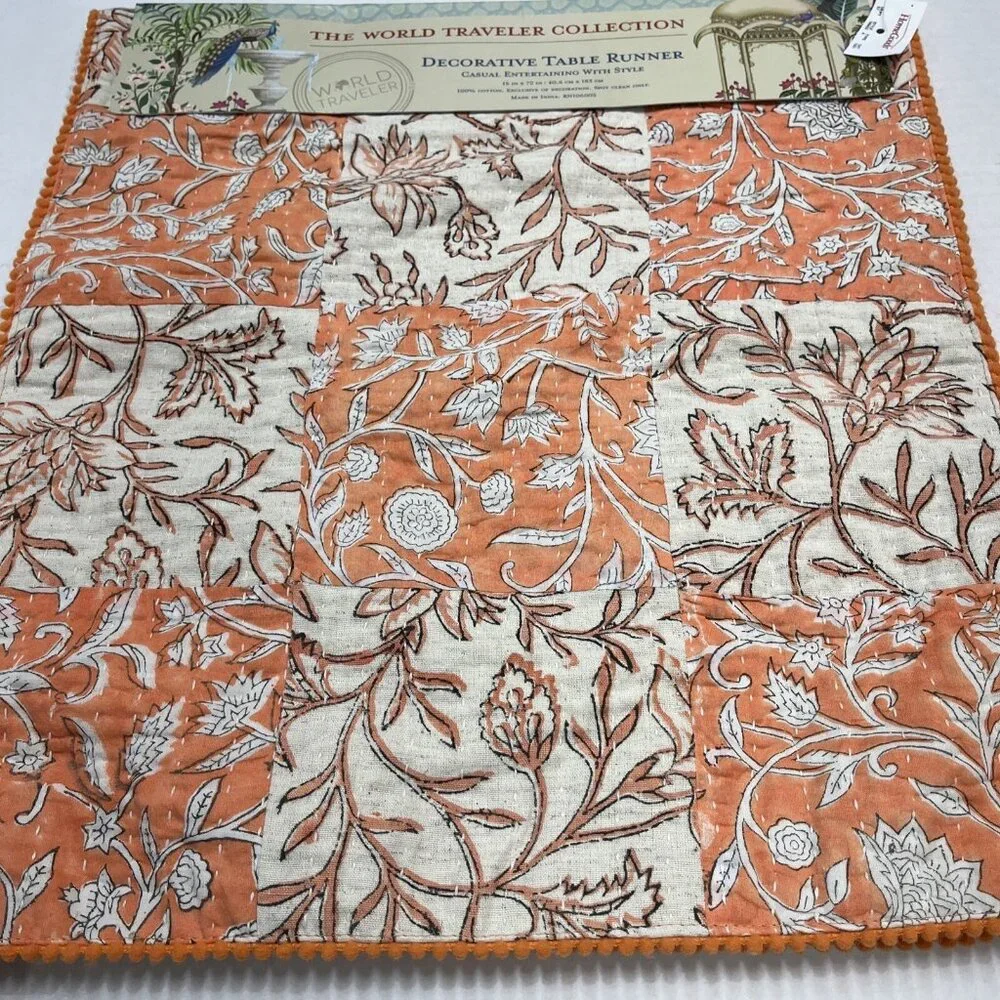 World Traveler Table Runner Muted Orange‎ Cream Floral Patchwork 16x72 Boho